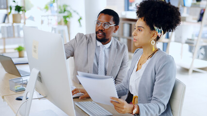 Fototapete - Teamwork, reading and business people by document by pc and together for brainstorming on developer project. Technology, man and woman by desktop for online research and collaboration on website