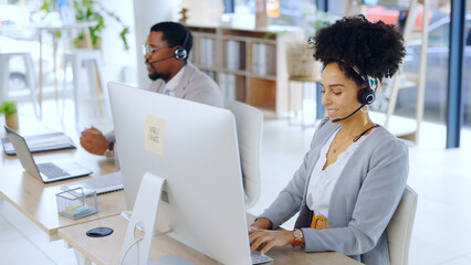 Canvas Print - Business people, consultant and call center with headphones for customer service at office. Man or woman in consulting agency on computer for telemarketing, online advice or tech support at workplace