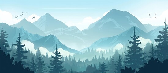 Canvas Print - Pine trees stand tall in the foreground of a mountain scenery, while birds soar overhead against a cloudy sky.