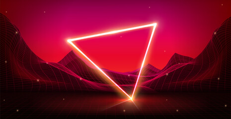 Poster - synthwave background with abstract grid mountain landscape and bright glowing neon triangle. realist