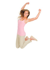 Sticker - Jump, celebration and portrait of happy woman in studio excited for competition, prize or results on white background. Energy, success and female model with wow news, winning or giveaway promotion