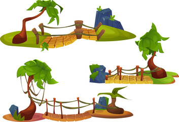 Poster - rope bridges set isolated on white background. vector cartoon illustration of wooden suspension foot