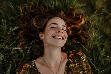 Poster - laughing woman lying on a grass