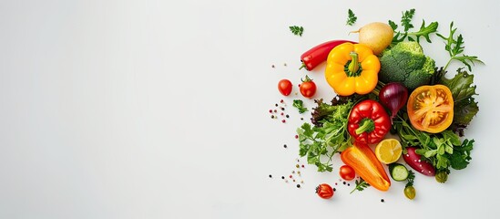 Canvas Print - A vibrant assortment of various types of fresh raw vegetables laid out on a clean white surface. The colorful display showcases a variety of healthy options for a nutritious meal.