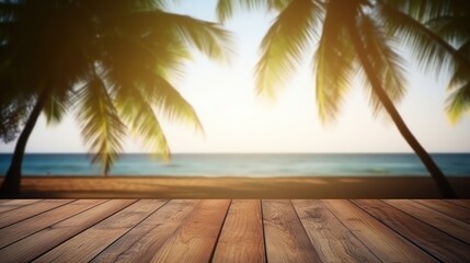 Dark wood floor top on blur tropical beach background, Advertisement, Print media, Illustration, Banner, for website, copy space, for word, template, presentation.