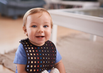 Sticker - Boy, baby and smile in portrait at home, joy and curious or relax in living room on floor. Child development, happy kid and calm or comfortable, wellness and toddler for health and positive growth