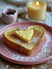 Wall Mural - A heart shaped french toast on a pink plate. Generative AI.