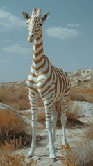 Poster - A giraffe with stripes standing in the middle of a desert. Generative AI.