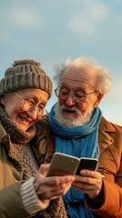 Sticker - An elderly couple is looking at a cell phone. Generative AI.