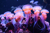 Fototapeta Do przedpokoju - Luminescent Jellyfish Gracefully Drifting in the Deep Blue Ocean at Twilight