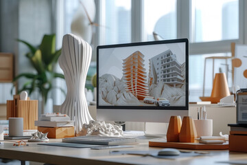 Poster - a detailed architectural model of a modern, curvilinear apartment building, showcasing innovative design and urban living spaces accented with greenery