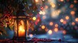 Mystical evening ambiance with intricate lantern casting a warm glow amid festive bokeh