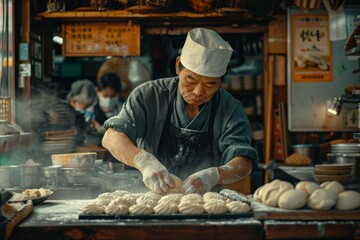 a baker shaping dough in a traditional bakery