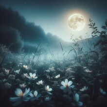 Fantasy Meadow With Flowers In Front Of The Full Moon