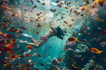 a diver exploring a vibrant coral reef with colorful fish