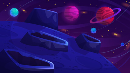 Poster - alien planet surface with craters on background of deep cosmos sky with space bodies. cartoon vector