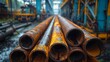 stack of rusty old steel pipes in a metallurgical plant factory