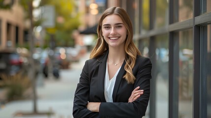 Wall Mural - smiling young business saleswoman standing on sidewalk, in the contemporary city background. generative AI