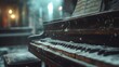 Withered old Piano Covered in Dust, Blurred Concert Hall: Melancholic Story of a Forgotten Musician
