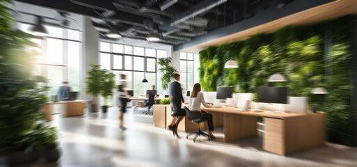 Bright business workplace with people in walking in blurred motion in modern office space. of green plants of deep forest style.