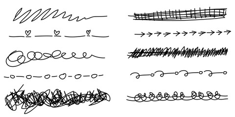 Poster - Hand drawn set of Border, underline, curly swishes, swashes, swoops. swirl, scribble. Highlight text elements. doodle vector illustration