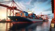 © crazyass - Container ship transporting container boxes at an import-export dock with quay cranes.