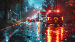 Emergency vehicles with lights in rainy weather on road. Approaching the Scene of an Accident.