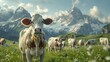 Serene cows grazing in an Alpine meadow with majestic mountains in the background