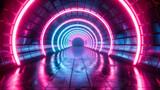 Fototapeta Przestrzenne - Modern Tunnel Illuminated by Futuristic Lights, Neon Blue Design, Abstract Space and Technology Concept