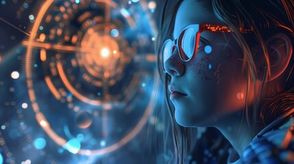 Wall Mural - futuristic cyberpunk girl marvels at digital space, virtual reality concept. neon glow, sci-fi style