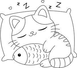 Wall Mural - Cute sleeping cat hug the toy fish illustration coloring page.