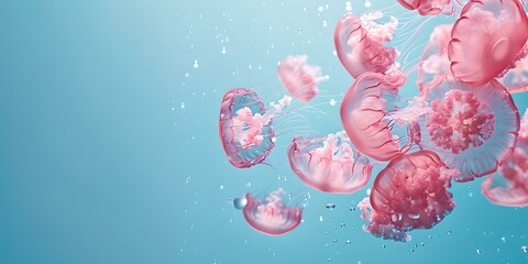 Wall Mural - Abstract pink bubbles floating serenely in a tranquil blue water, conceptual art for calm and serenity. artistic underwater scene with copy space. AI