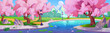 City park with pond and pink flowering sakura trees. Cartoon spring vector illustration of japanese cherry woods on banks of lake or river with stone pavement and lamps. Urban garden with blossom.