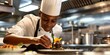 © Irina Ukrainets - Focused chef garnishing a dish in a professional kitchen. culinary art in action. perfect for restaurant promotions. AI