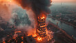 Aerial view of Babylon Tower on fire in Russia
