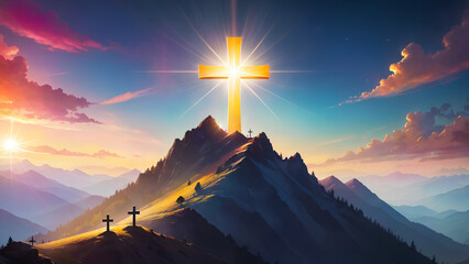 Silhouettes of cross on top mountain with bright sunbeam