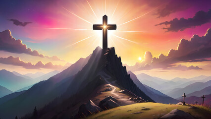 Canvas Print - Silhouettes of cross on top mountain with bright sunbeam