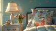 Classic bedroom ambiance with tulips on bedside and floral patterned pillows casting a warm glow
