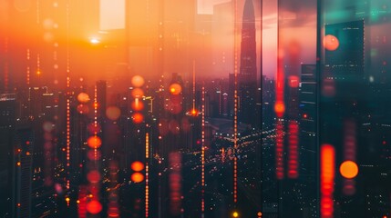 Poster - enigmatic double exposure: business chart overlaying cityscape - investment, trading, cryptocurrency