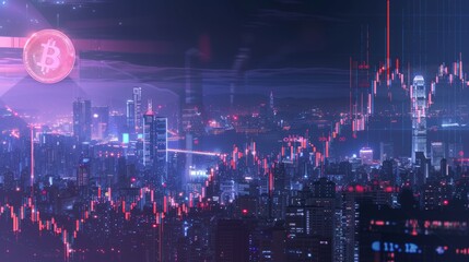 Poster - enigmatic double exposure: business chart overlaying cityscape - investment, trading, cryptocurrency