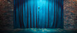 © Menganga - stage with blue curtain and brick wall. theater or stand up comedy background
