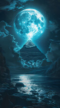 A Surreal Scene Featuring A Colossal Blue Moon Perfectly Aligned With An Ancient Pyramid, Casting A Mystical Glow Over A Tranquil Seascape.