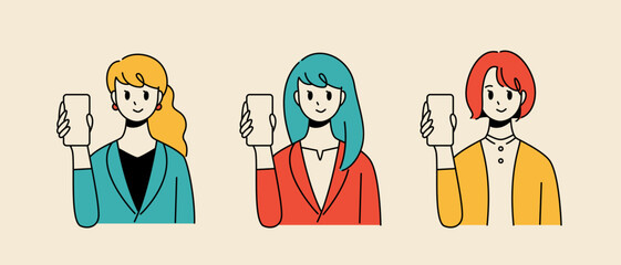 Illustration set of 3 patterns of women showing smartphones