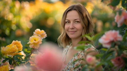 Poster - Radiant woman enjoying a moment in a blooming rose garden. natural light, candid. peaceful and happy, outdoor lifestyle portrait. AI