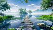 Tranquil Lake and Wooden Bridge, Serene Forest Landscape and Water Reflection, Peaceful Nature Park and Outdoor Relaxation, Sunny and Scenic View