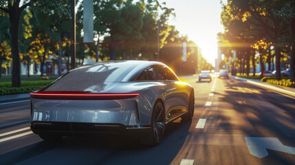 Modern electric sedans have solar panels on the back to charge them with renewable energy from the sun while driving on the road