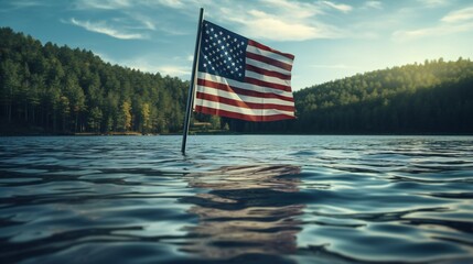 Wall Mural - A serene lake scene, featuring the Stars and Stripes reflected in the calm water.