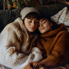 Wall Mural - Marketing photo of 2 women cuddling and relaxing