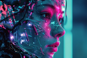 Wall Mural - face of female humanoid android Artificial Intelligence mechanical robot be creative Have an understanding of orders It has the most advanced operating system Robot innovations  future cyber punk tone