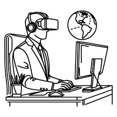 Wall Mural - single continuous drawing black line art linear businessman in office using virtual reality headset simulator glasses with computer doodle style sketch vector